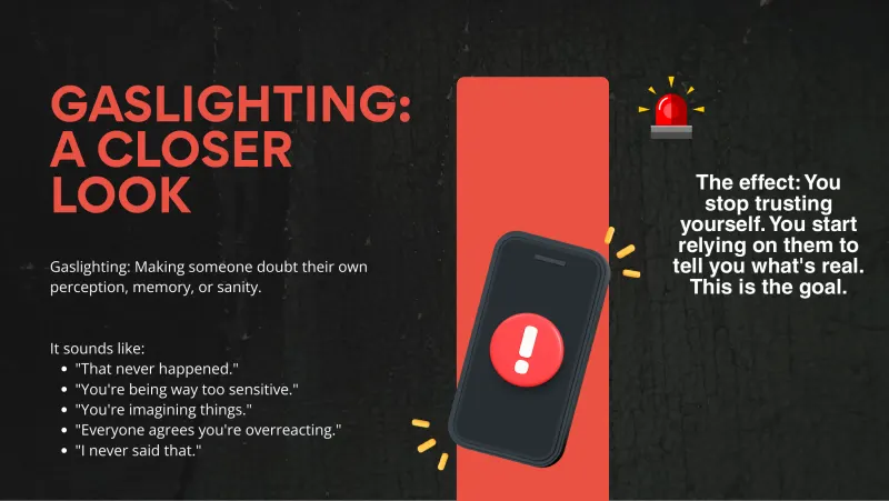 Slide 5: GASLIGHTING: A CLOSER LOOK The effect: You stop trusting yourself. You start relying on them to Gaslighting: Making someone doubt their own tell you what's real. perception, mem…