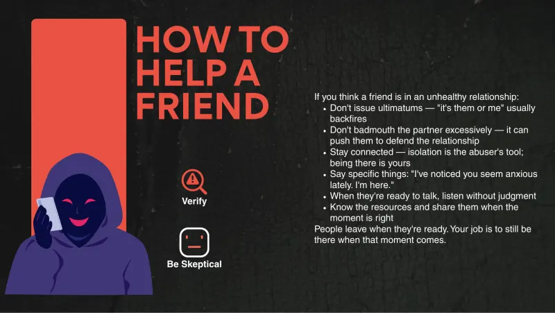 Slide 7: HOW TO HELP A FRIEND If you think a friend is in an unhealthy relationship: Don't issue ultimatums — "it's them or me" usually backfires Don't badmouth the partner excessively —…