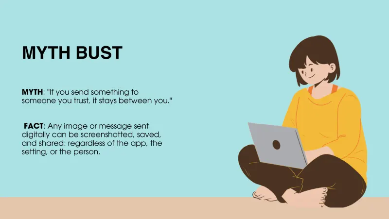 Slide 2: MYTH BUST MYTH: "If you send something to someone you trust, it stays between you." FACT: Any image or message sent digitally can be screenshotted, saved, and shared: regardless…