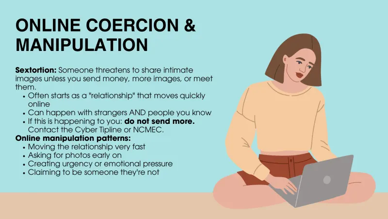 Slide 5: ONLINE COERCION & MANIPULATION Sextortion: Someone threatens to share intimate images unless you send money, more images, or meet them. Often starts as a "relationship" that mov…