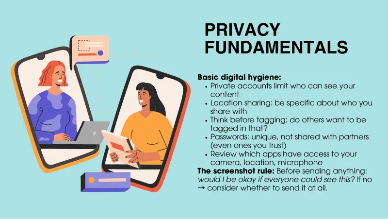 Slide 6: PRIVACY FUNDAMENTALS Basic digital hygiene: Private accounts limit who can see your content Location sharing: be specific about who you share with Think before tagging; do other…