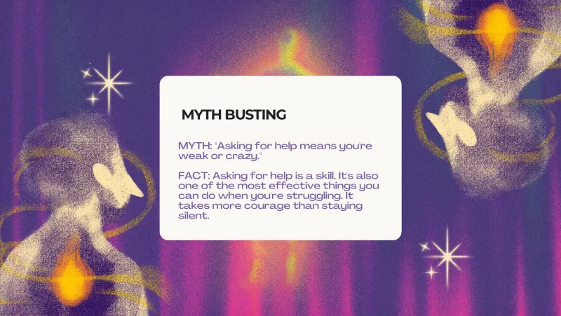 Slide 2: MYTH BUSTING MYTH: "Asking for help means you're weak or crazy." FACT: Asking for help is a skill. It's also one of the most effective things you can do when you're struggling. …