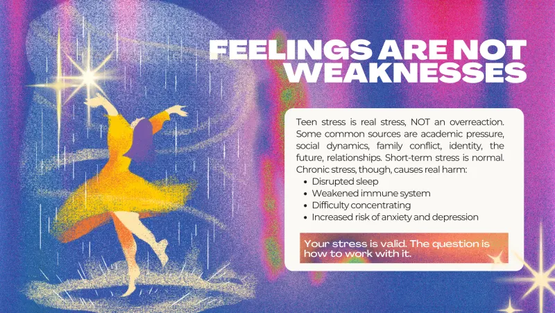 Slide 4: FEELINGS ARE NOT WEAKNESSES Teen stress is real stress, NOT an overreaction. Some common sources are academic pressure, social dynamics, family conflict, identity, the future, r…