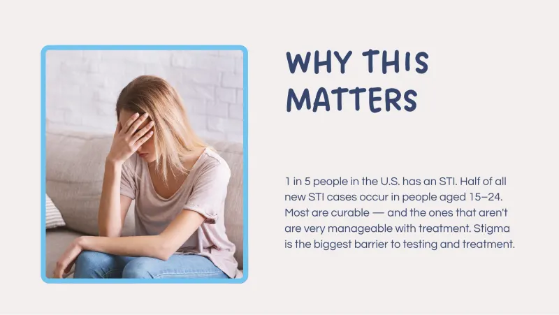 Slide 3: WHY THIS WHY THIS MATTERS MATTERS 1 in 5 people in the U.S. has an STI. Half of all new STI cases occur in people aged 15–24. Most are curable — and the ones that aren't are ver…
