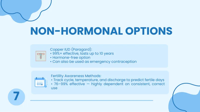 Slide 8: NON-HORMONAL OPTIONS Copper IUD (Paragard): • 99%+ effective, lasts up to 10 years • Hormone-free option • Can also be used as emergency contraception Fertility Awareness Method…