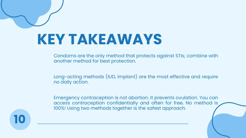 Slide 11: KEY TAKEAWAYS Condoms are the only method that protects against STIs; combine with another method for best protection. Long-acting methods (IUD, implant) are the most effective …