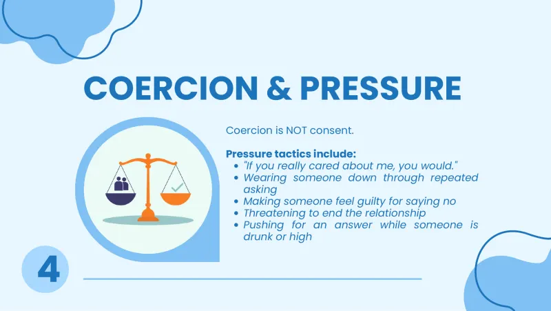 Slide 4: COERCION & PRESSURE Coercion is NOT consent. Pressure tactics include: "If you really cared about me, you would." Wearing someone down through repeated asking Making someone fee…
