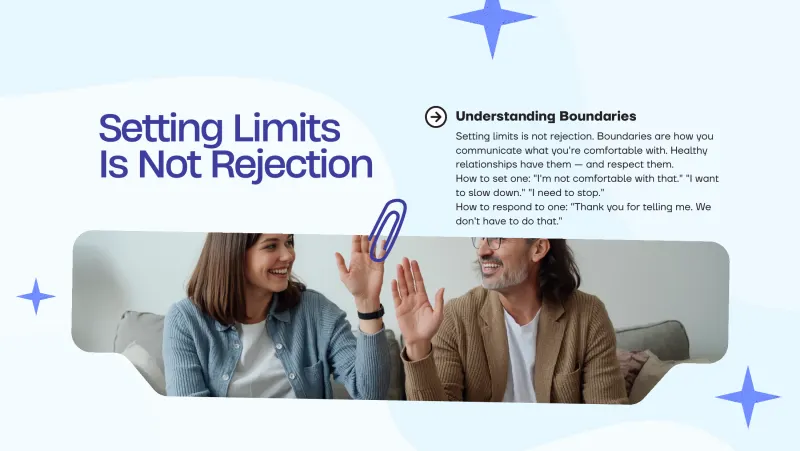 Slide 5: Setting Limits Understanding Boundaries Setting limits is not rejection. Boundaries are how you Is Not Rejection communicate what you're comfortable with. Healthy relationships …