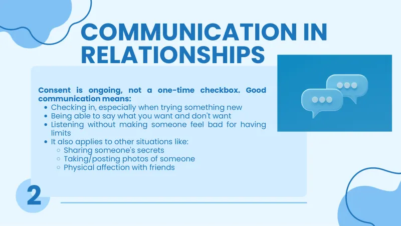 Slide 8: COMMUNICATION IN RELATIONSHIPS Consent is ongoing, not a one-time checkbox. Good communication means: Checking in, especially when trying something new Being able to say what yo…