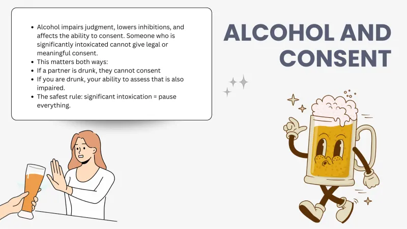 Slide 5: Alcohol impairs judgment, lowers inhibitions, and affects the ability to consent. Someone who is significantly intoxicated cannot give legal or ALCOHOL AND meaningful consent. T…