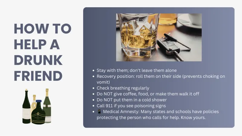 Slide 7: HOW TO HELP A DRUNK FRIEND Stay with them; don't leave them alone Recovery position: roll them on their side (prevents choking on vomit) Check breathing regularly Do NOT give co…