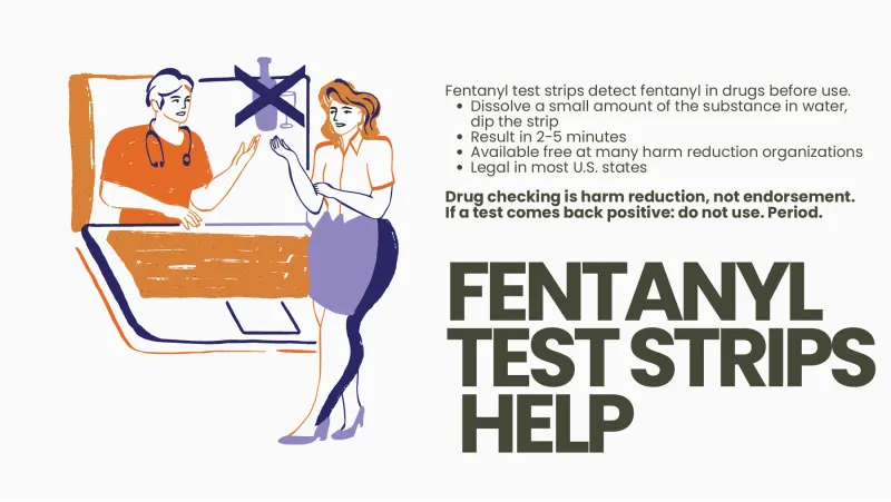 Slide 8: Fentanyl test strips detect fentanyl in drugs before use. Dissolve a small amount of the substance in water, dip the strip Result in 2-5 minutes Available free at many harm redu…