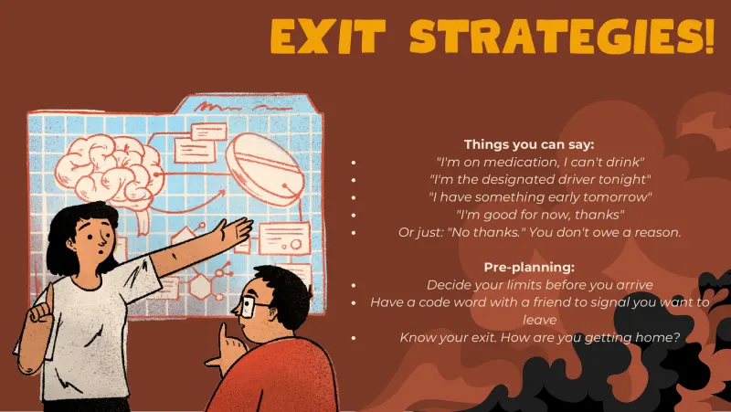 Slide 6: EXIT STRATEGIES! Things you can say: "I'm on medication, I can't drink" "I'm the designated driver tonight" "I have something early tomorrow" "I'm good for now, thanks" Or just:…