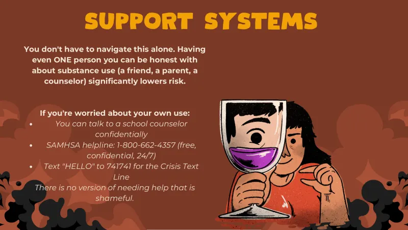Slide 8: SUPPORT SYSTEMS You don't have to navigate this alone. Having even ONE person you can be honest with about substance use (a friend, a parent, a counselor) significantly lowers r…